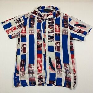 US Route 66 Shirt Mens Medium No Boundaries Button Up All Over Striped Americana